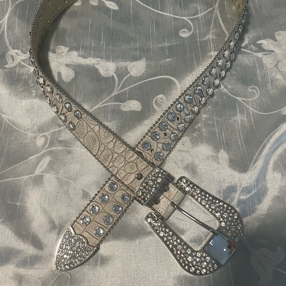 White Decorative Belt with Studs and Large Buckle
